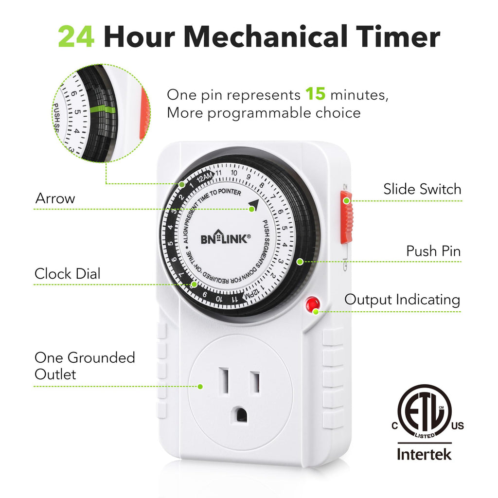 BN-LINK 24-Hour Heavy Duty Mechanical Timer Outlet,Indicator Light, 3-Prong | 15-min intervals; Indoor Plug-in Timer for Christmas Decoration, Aquarium, Grow Light, Home Appliances, ETL,1875W/15A,1-Pack