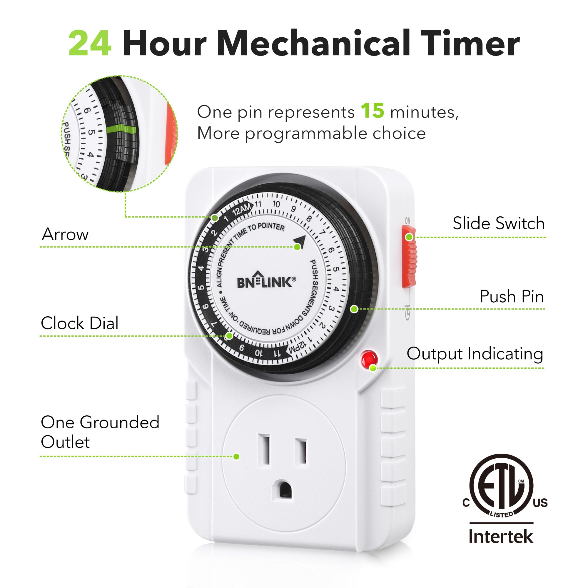 BN-LINK 24-Hour Heavy Duty Mechanical Timer Outlet,Indicator Light, 3-Prong | 15-min intervals; Indoor Plug-in Timer for Christmas Decoration, Aquarium, Grow Light, Home Appliances, ETL,1875W/15A,1-Pack