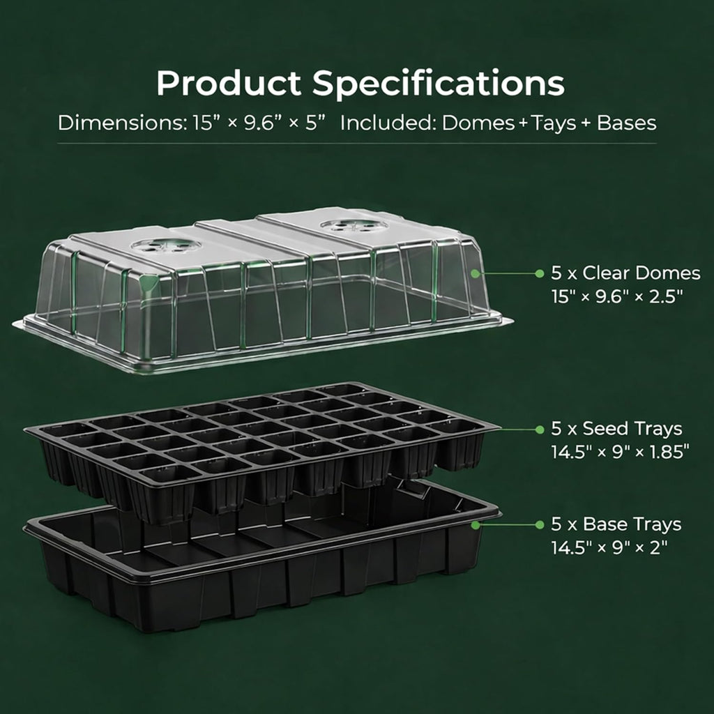 Gardzen 5-Set Seed Starter Tray Kits, Durable Plant Germination Trays with Humidity Vented Domes and Bases, Ideal for Seed Starting, Indoor Gardening, and Greenhouse (Total 200 Cells) | Durable Plant Germination Kit with Humidity Control Domes for Indoor