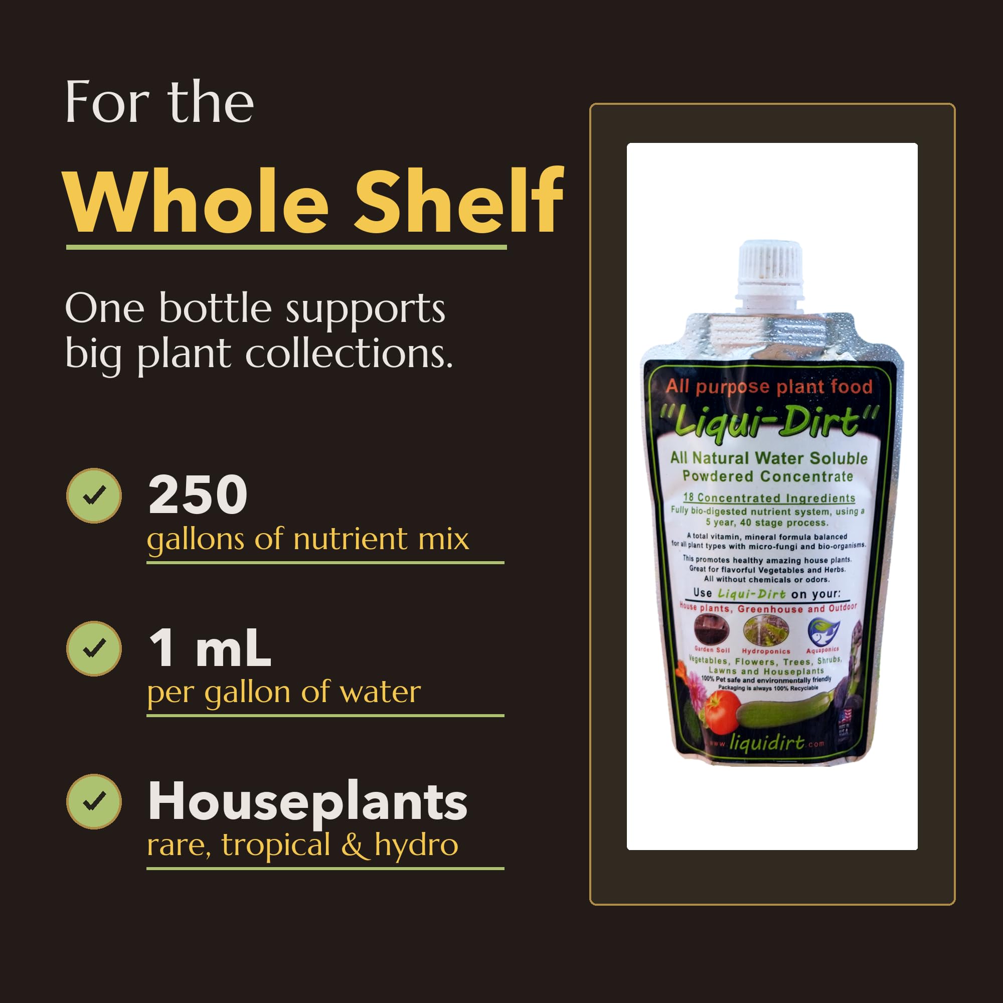 LiquiDirt Organic All-Purpose Plant Food - 100% Bio-Digested Liquid Fertilizer for Indoor Houseplants, Succulents, Herbs & Garden - Won't Burn Roots - Makes 250+ Gallons
