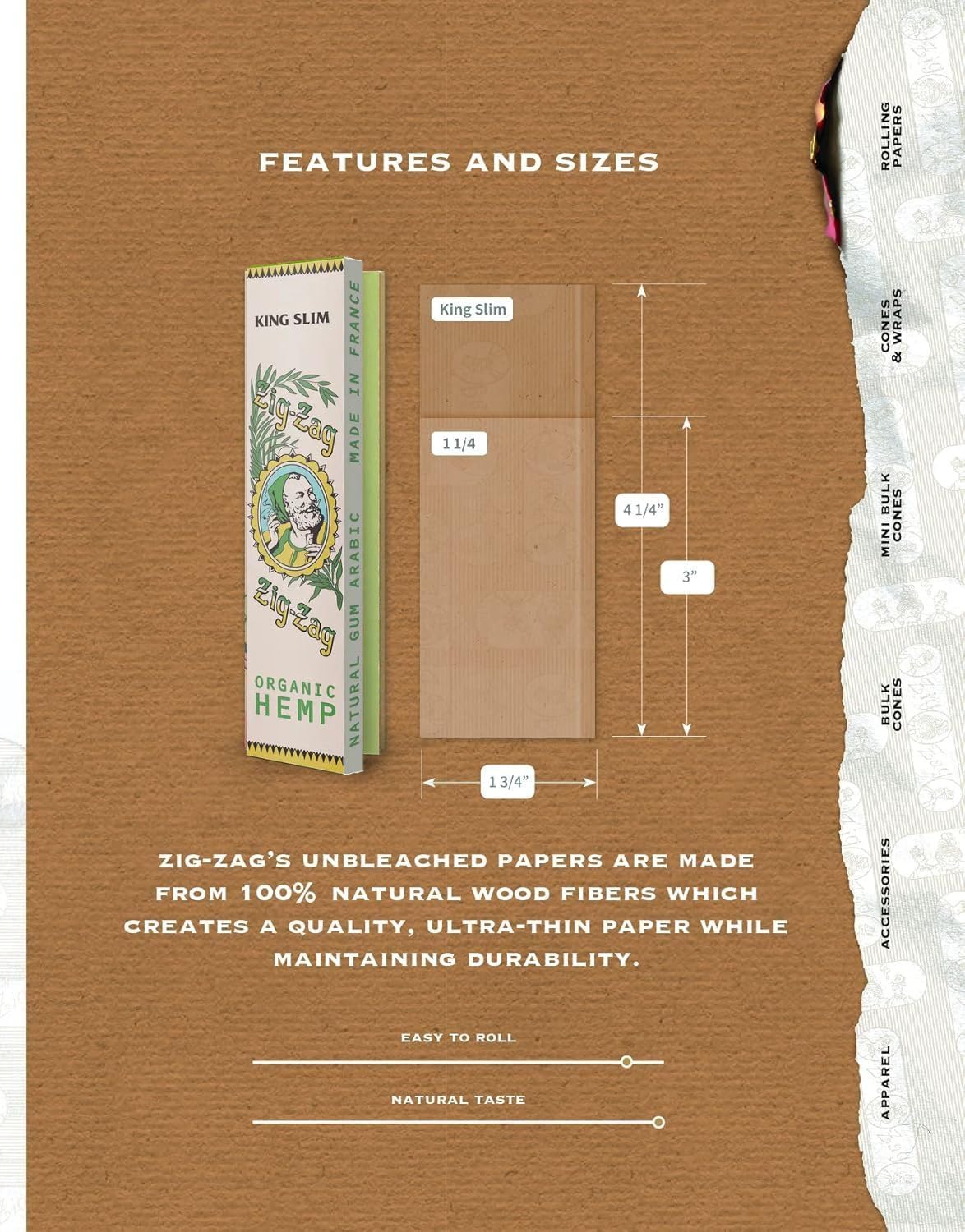 ZIG-ZAG Rolling Papers - Vintage Organic Hemp King Size - Slow Burning Rolling Papers (5-Pack)