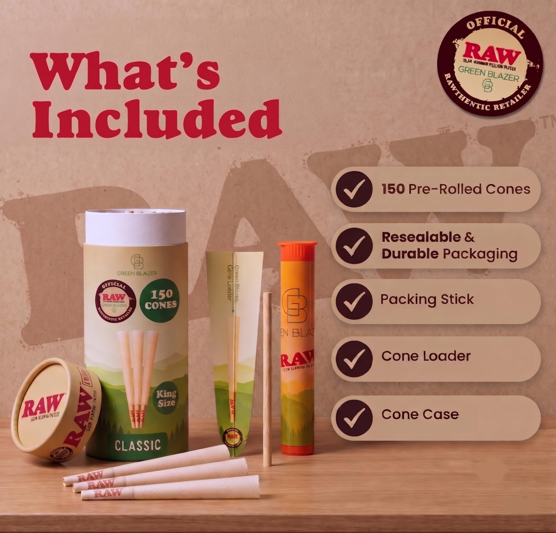 RAW Cones Classic King: 50 Pack, Pre Rolled Cones Rolling Papers, 109 mm | Food Grade Container, Green Blazer Preroll Loader, Patented Slow Burn, All Natural RAWthentic, Rolling Papers & With Tips