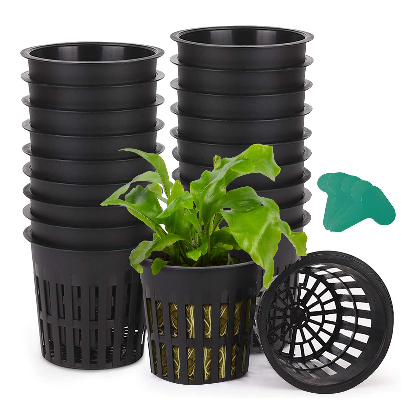 GROWNEER Net Pots 50 Pcs 2 Inch Garden Slotted Mesh Net Cups with 50Pcs Plant Labels, Heavy Duty Hydroponic Pot Supplies Planting Grow Basket for Indoor Outdoor
