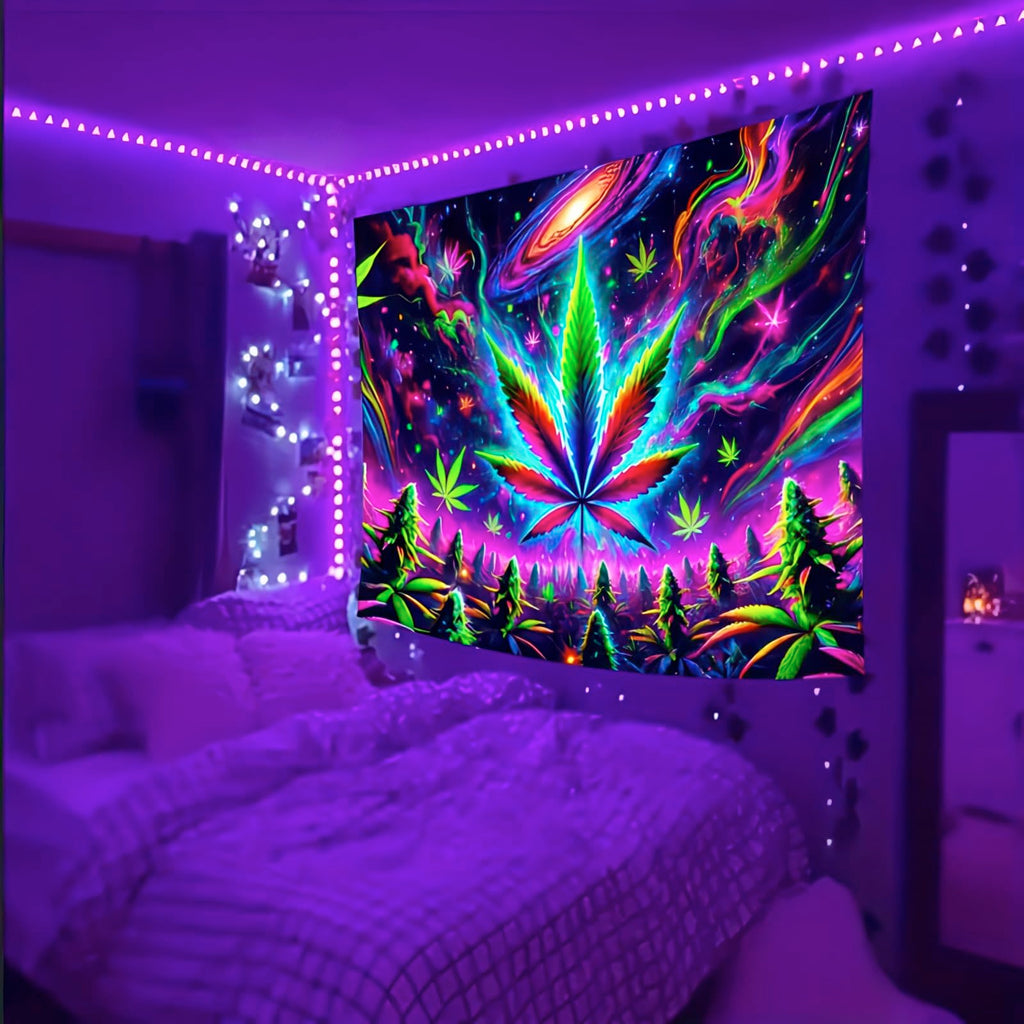 BlissYard Blacklight Tapestry Cannabis Leaf Bedroom Decor 78 x 59 Inch | Cannabis Leaf UV Wall Hanging Smoking Neon Backdrop for Bedroom Party Dorm Style