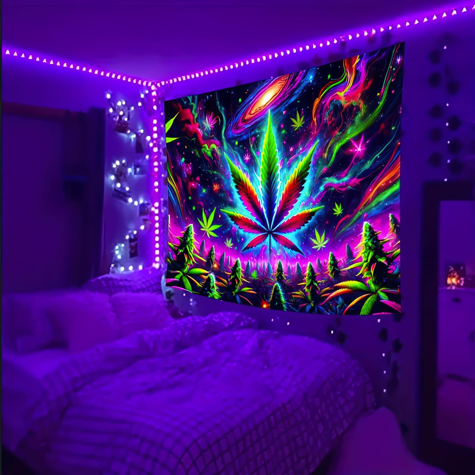 BlissYard Blacklight Tapestry Cannabis Leaf Bedroom Decor 78 x 59 Inch | Cannabis Leaf UV Wall Hanging Smoking Neon Backdrop for Bedroom Party Dorm Style