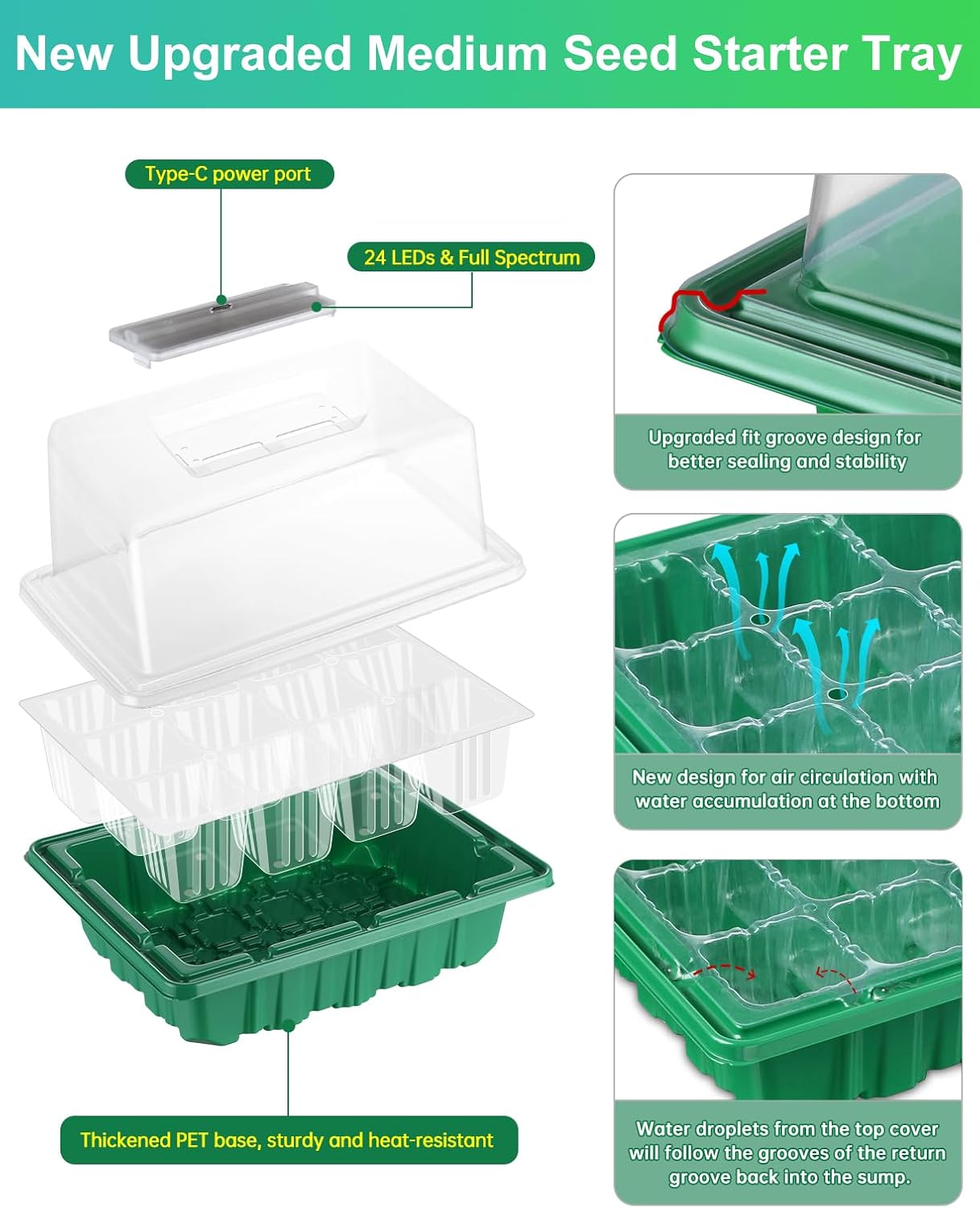 Seed Starter Tray Medium Size 4 Packs, Seed Starter Kit with Upgraded 24 Full Spectrum LEDs, Adjustable Brightness and Timer, with Drainage Holes, Tools and Labels for Indoor Plant Growing