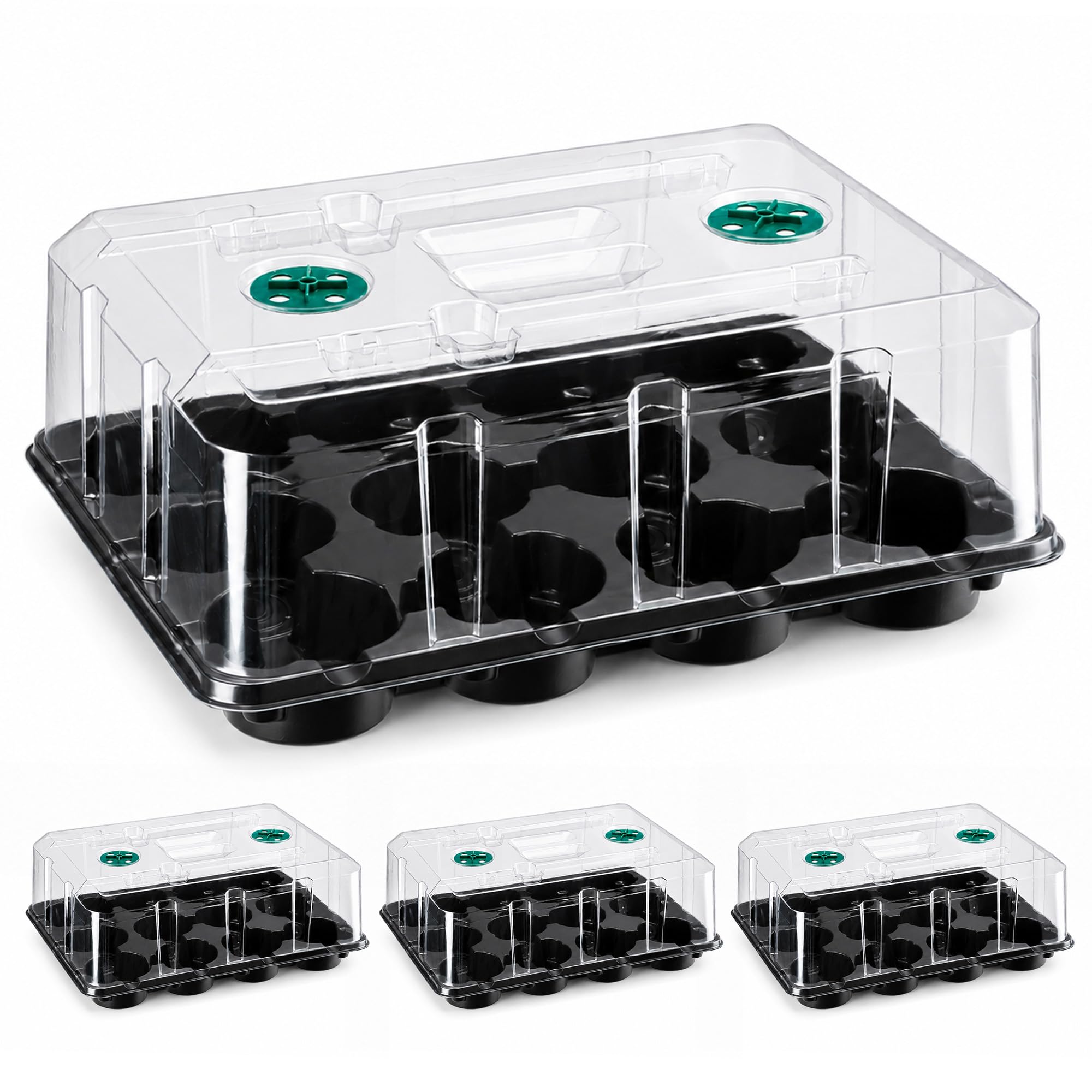 4 Pack 20 Cell Seed Starting Trays with 4 Vented Humidity Domes | Compatible with standard 3 inch nursery pots. Thick reusable trays have deep cells, raised bases and adjustable dome vents.