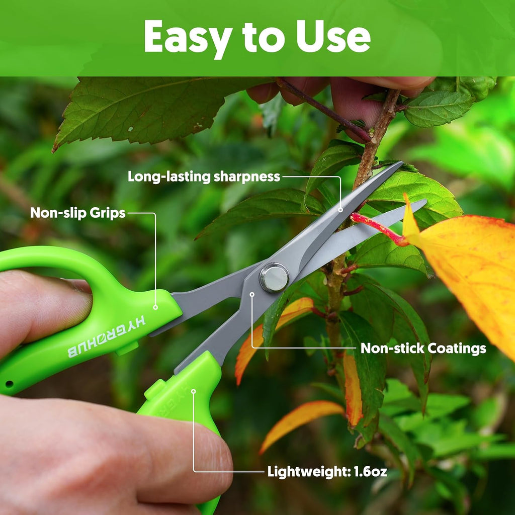 Garden Scissors, 6-in Curved Blade Pruning Shears, Non-Stick Coated Steel | Sharp Small Gardening Snips for Plants, Herbs, Flowers in Grow Tent and Hydroponics, Garden Trimming Tools, Easy to Clean