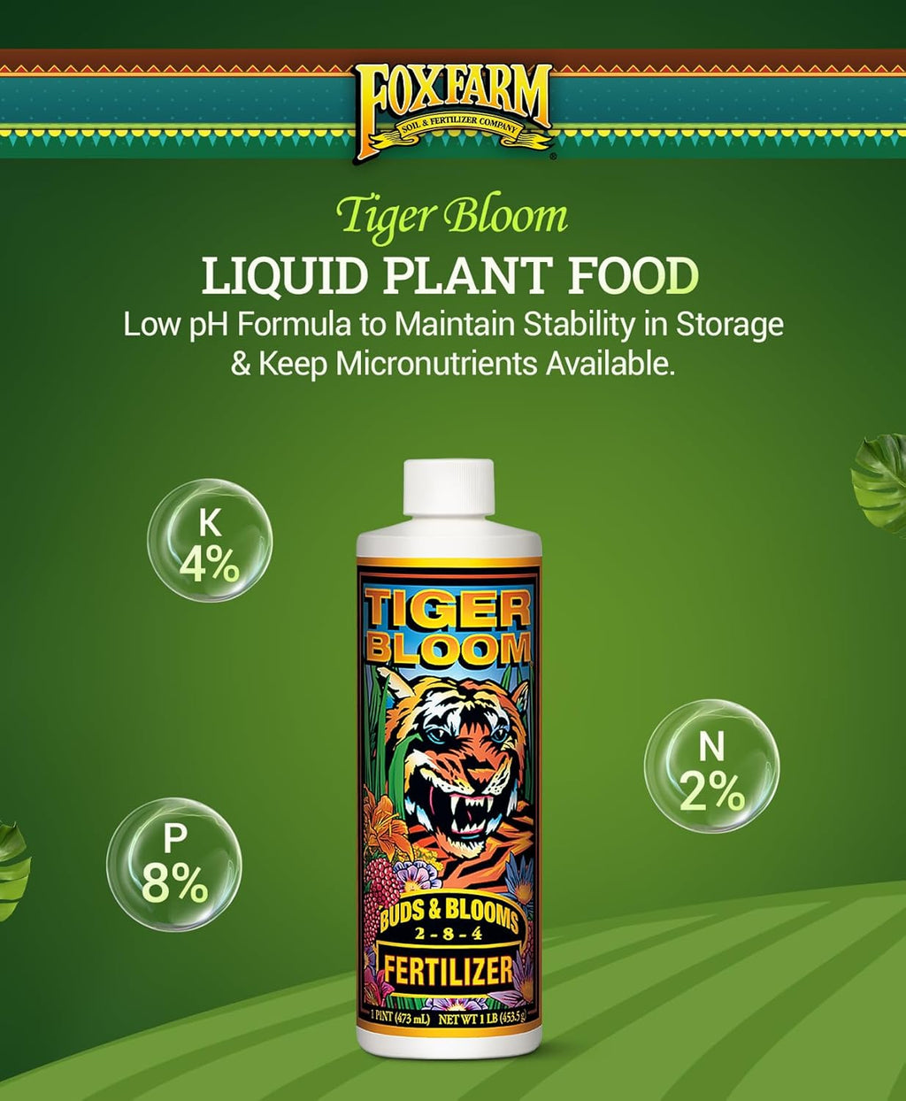 FoxFarm Tiger Bloom Liquid Plant Food - Phosphorus Fertilizer for Buds, Blooms & Flowering - Supports Soil & Hydroponic Systems - High Micronutrient Formula with 2-8-4 Nutrient Ratio - 1 Pint