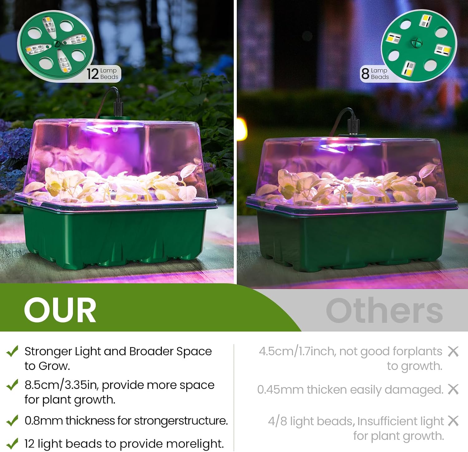 Kit de inicio de semillas MIXC con luz de crecimiento, kit de bandeja para plántulas elevadas con cúpula de humedad ajustable y bandeja de celdas transparentes, 12 perlas LED de espectro completo para