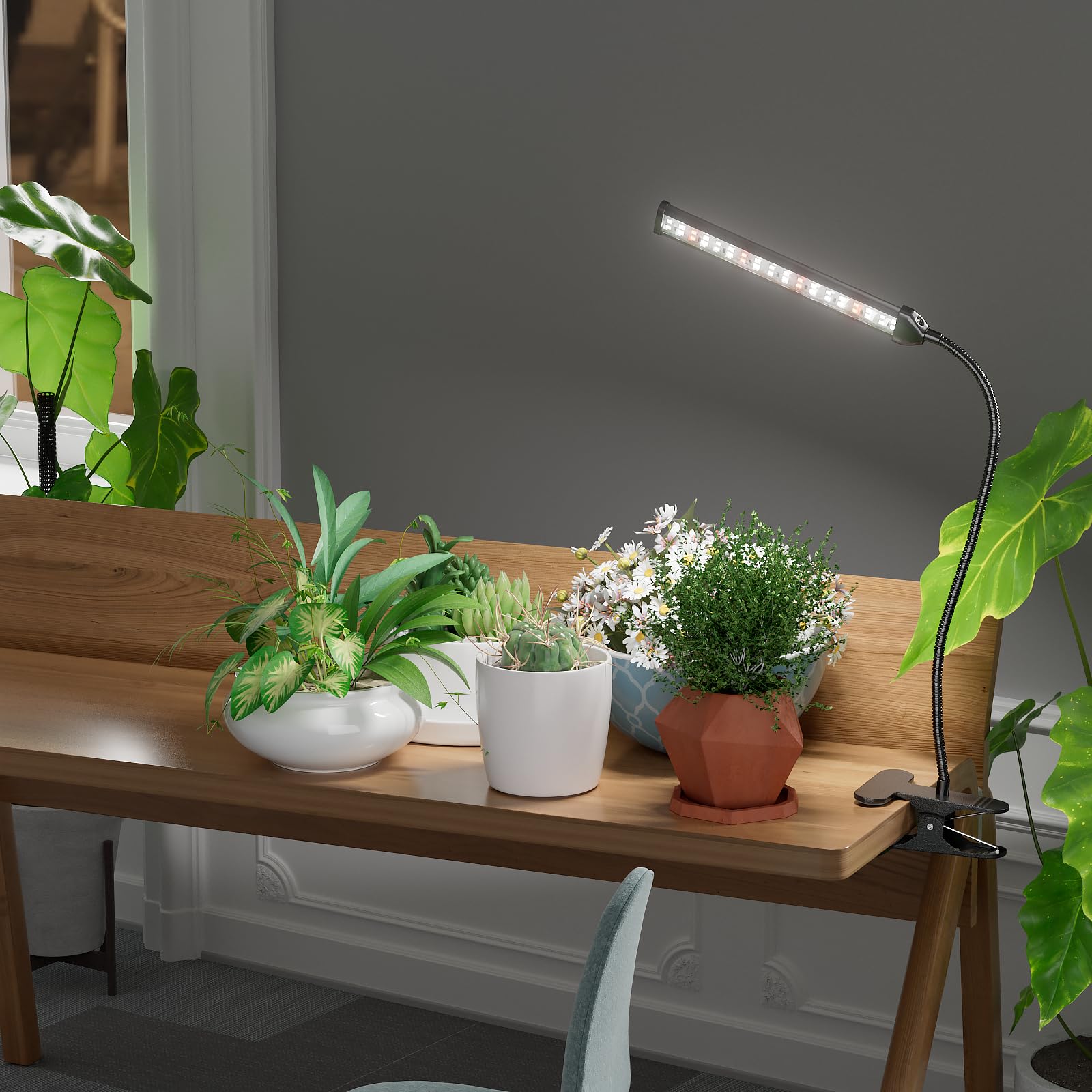 Grow Light,24W (160Watts Equiv) 5000K White Full Spectrum LED Growing Lamp Clip on Desk for Indoor Plants,Bulbs Replaceable & Non-dimmable (Black, 80Watts)