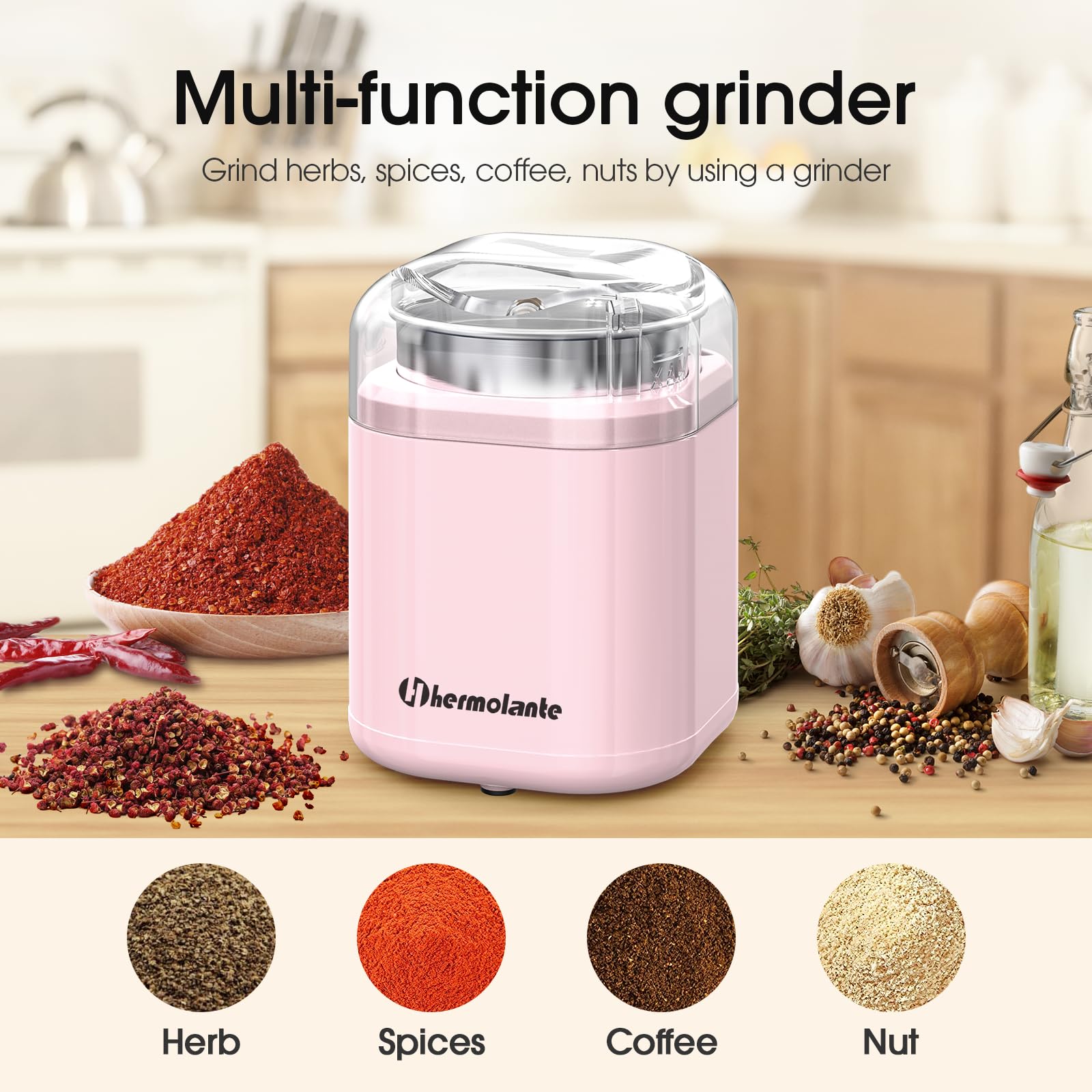 Hermolante Herb Grinder Spice Grinder, 200 w Herb Grinder with Stainless Steel Blade and Cleaning Brush, Compact Size Electric Grinder for Herbs and Spices -5.11in (Black)
