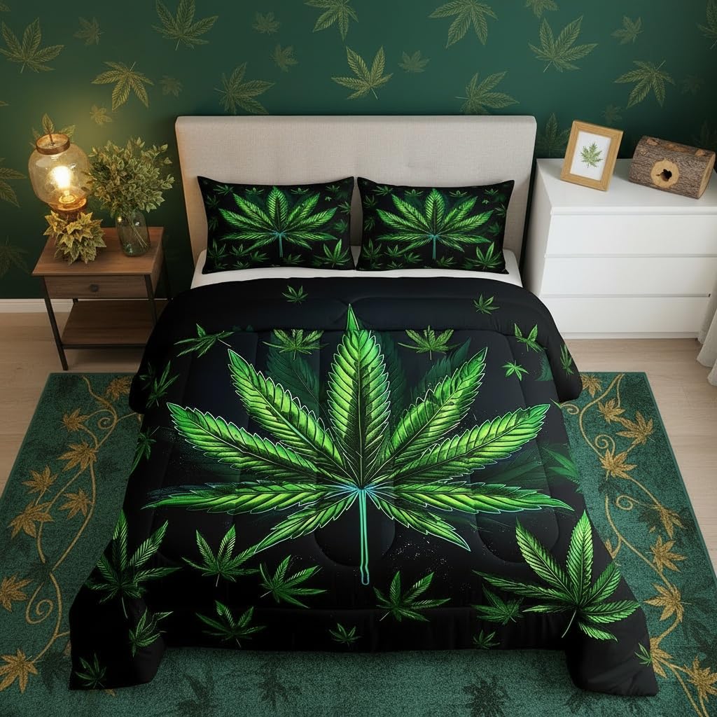 Cannabis Leaf Comforter Set Queen Size 3 Pcs,Marijuana Leaf Weed Psychedelic Bedding Set,Neon Green Leaves Botanical Trippy Quilt Set for Young Adults,2 Pillowcases