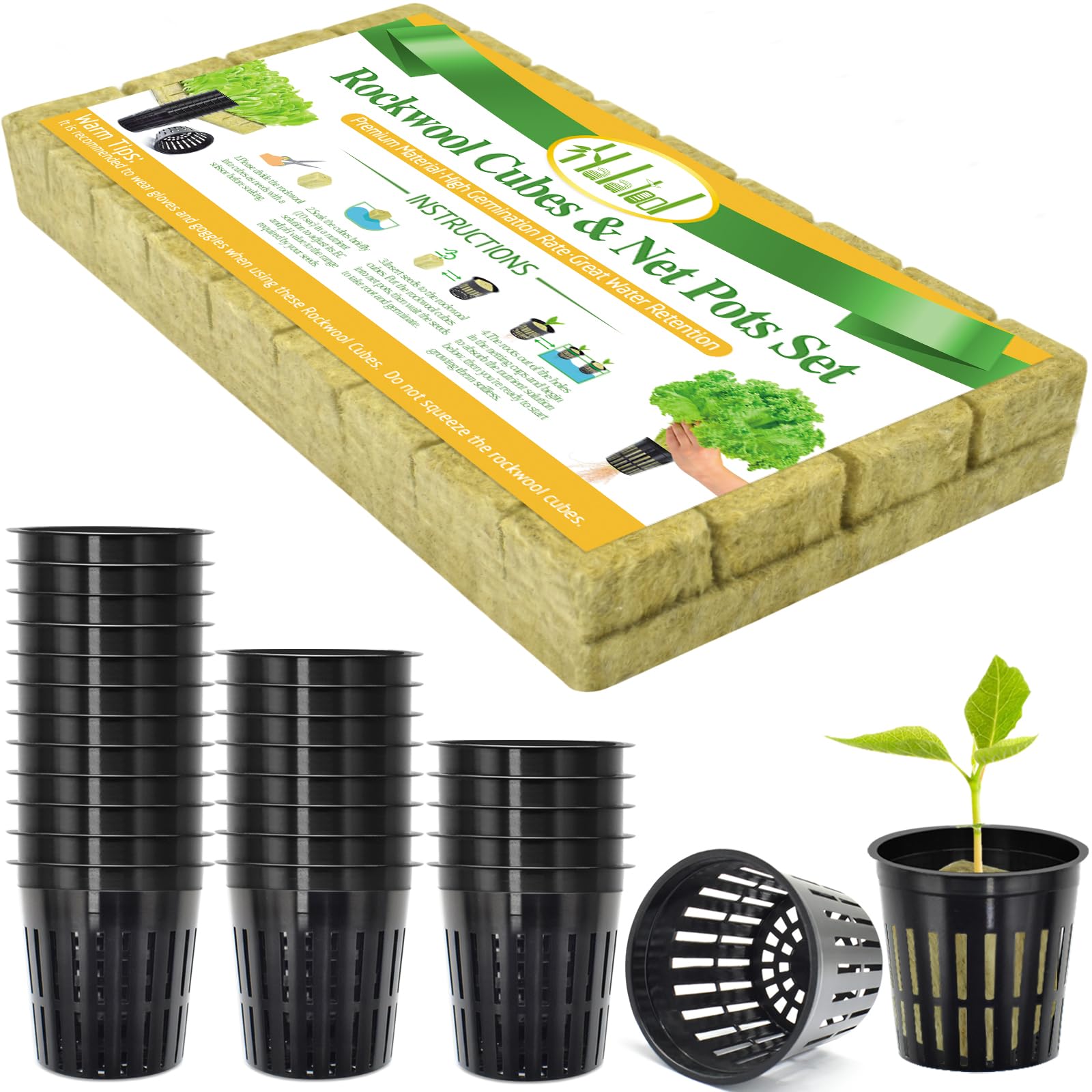 Halatool 144PCS 1.2" Rockwool Cubes & 120PCS 2" Net Cups for Hydroponics | Rockwool Garden Starter Plugs, Hydroponics Kit for Cuttings, Clone Plant, Propagation, Seed Starting & Soilless Cultivation