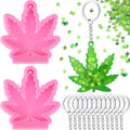 2 Pieces Silicone Maple Leaf Molds with 12 Pieces Keyring Chain with 20g Green Maple Leaf Glitter, Leaves Shaped Keychain Molds for DIY Decoration, Pink