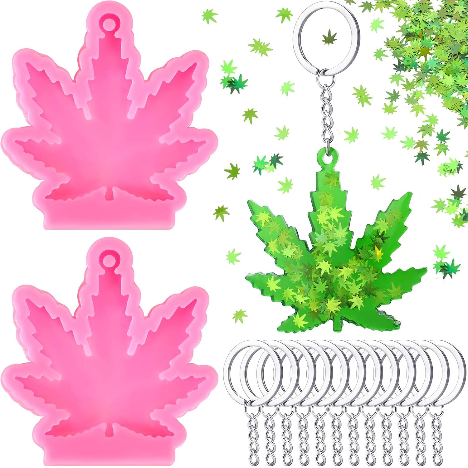 2 Pieces Silicone Maple Leaf Molds with 12 Pieces Keyring Chain with 20g Green Maple Leaf Glitter, Leaves Shaped Keychain Molds for DIY Decoration, Pink
