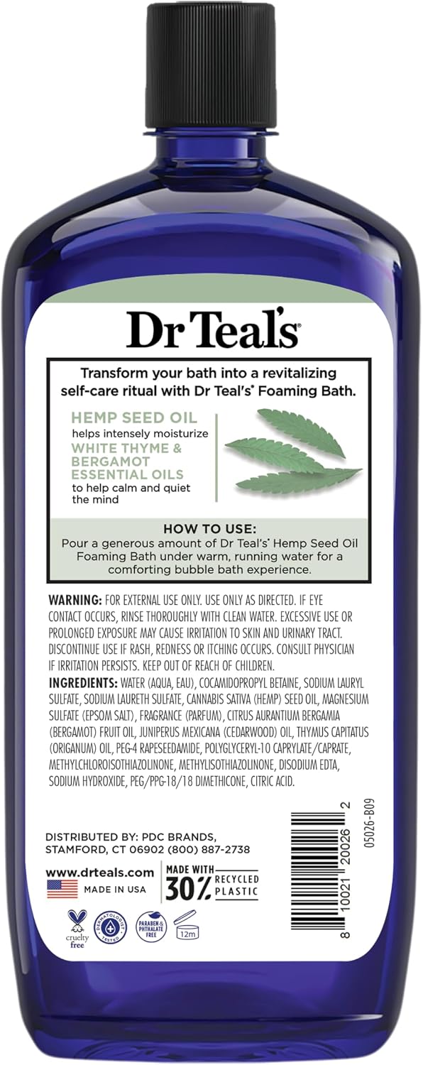 Dr Teal's Foaming Bath with Pure Epsom Salt, Cannabis Sativa Hemp Seed Oil, 34 fl oz (Pack of 2)