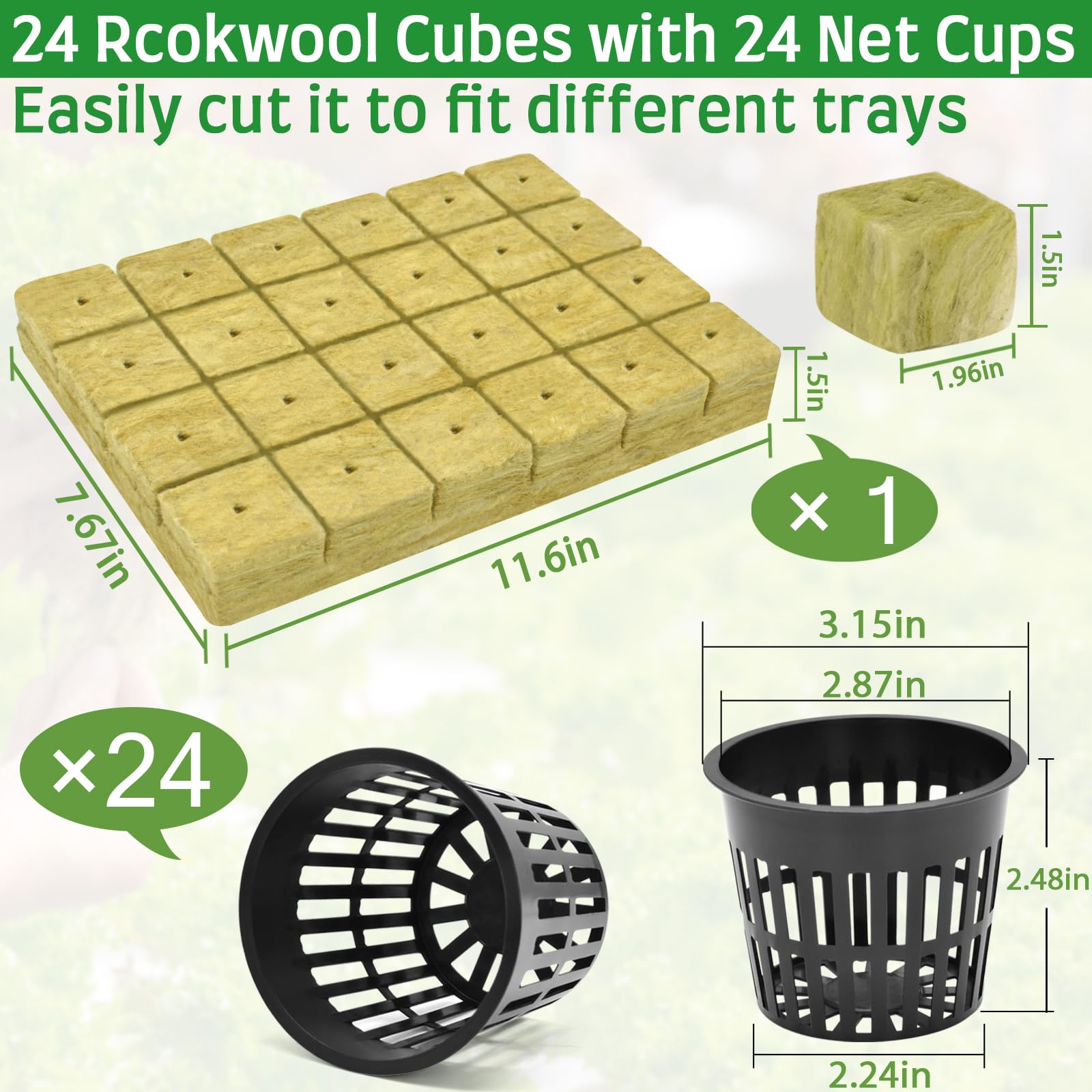 Halatool 144PCS 1.2" Rockwool Cubes & 120PCS 2" Net Cups for Hydroponics | Rockwool Garden Starter Plugs, Hydroponics Kit for Cuttings, Clone Plant, Propagation, Seed Starting & Soilless Cultivation