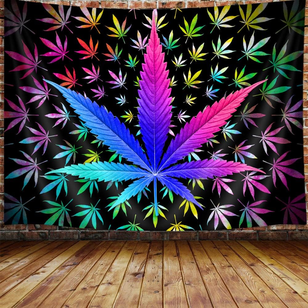 VEIGIKE Cool Trippy Weed Tapestry, Neon Tie Dye Marijuana Leaf Cannabis Art Tapestry Wall Hanging for Men Bedroom, Colourful Blacklight Tapestries Poster Blanket College Dorm Home Decor (90X70)