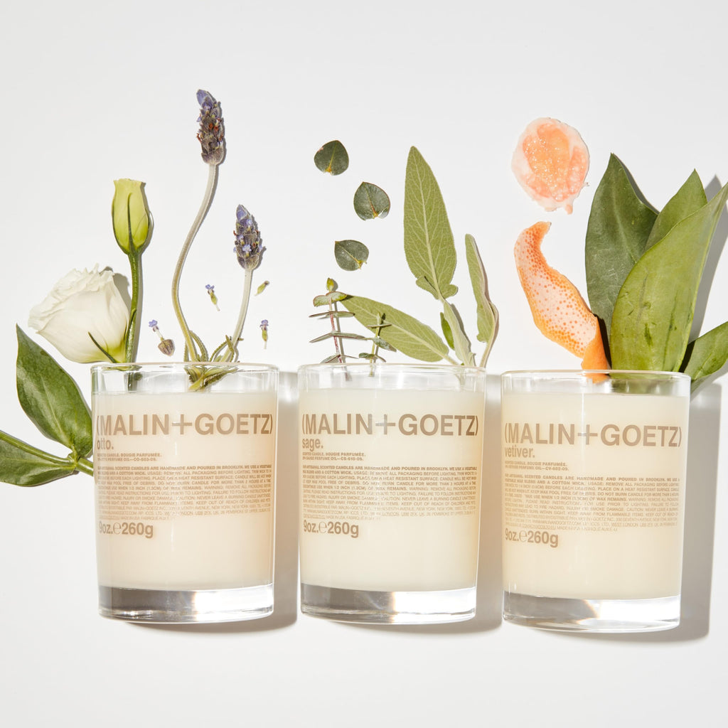 MALIN+GOETZ 9oz Scented Candle | Hand-Poured Soy Wax with Unique Fragrance Blends | Clean-Burning, Vegan & Cruelty-Free | Bergamot, Sage, Otto, Tomato, Strawberry, Cannabis, Dark Rum & Leather