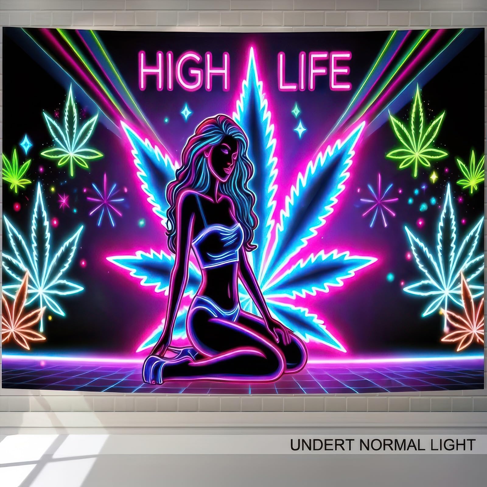 BlissYard Blacklight Tapestry Cannabis Leaf Bedroom Decor 78 x 59 Inch | Cannabis Leaf UV Wall Hanging Smoking Neon Backdrop for Bedroom Party Dorm Style