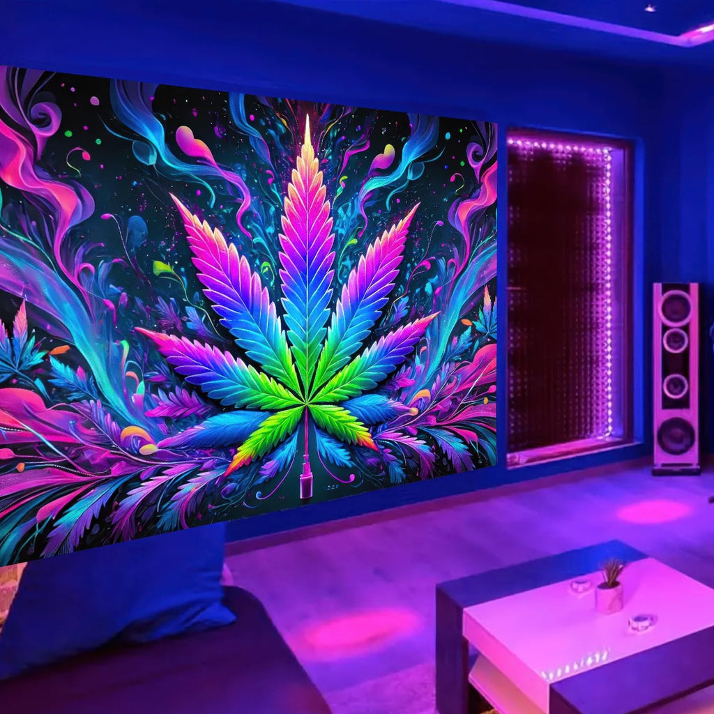 BlissYard Blacklight Tapestry Cannabis Leaf Bedroom Decor 78 x 59 Inch | Cannabis Leaf UV Wall Hanging Smoking Neon Backdrop for Bedroom Party Dorm Style
