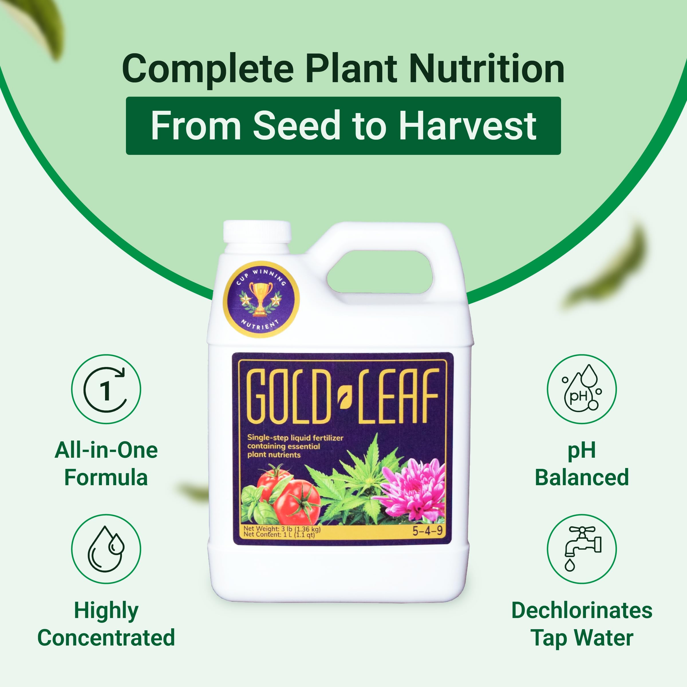 16.9 fl oz (500ml) Gold Leaf All-in-One Liquid Fertilizer | pH Balanced, Dechlorinates, No Additives Needed | Soil, Hydroponics, Coco | Complete Plant Food | Indoor & Outdoor, Tomatoes & Houseplants