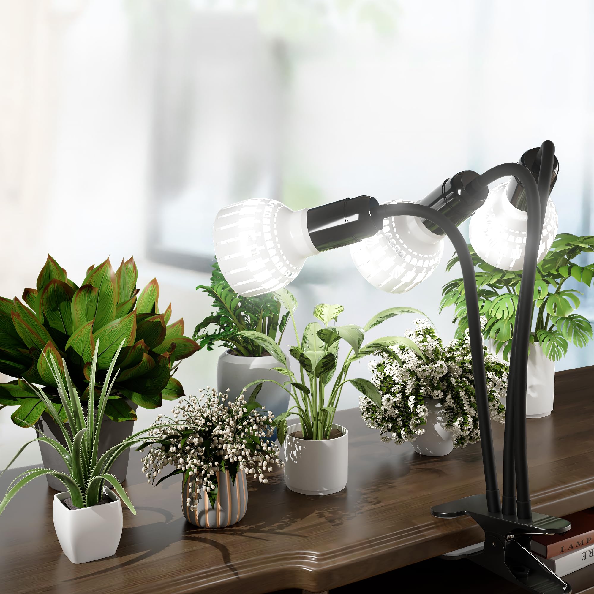 Grow Light,24W (160Watts Equiv) 5000K White Full Spectrum LED Growing Lamp Clip on Desk for Indoor Plants,Bulbs Replaceable & Non-dimmable (Black, 80Watts)