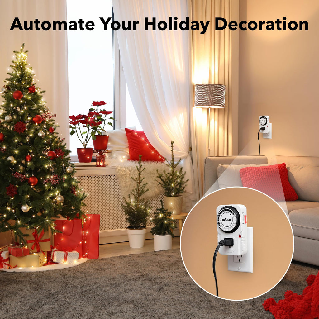 BN-LINK 24-Hour Heavy Duty Mechanical Timer Outlet,Indicator Light, 3-Prong | 15-min intervals; Indoor Plug-in Timer for Christmas Decoration, Aquarium, Grow Light, Home Appliances, ETL,1875W/15A,1-Pack