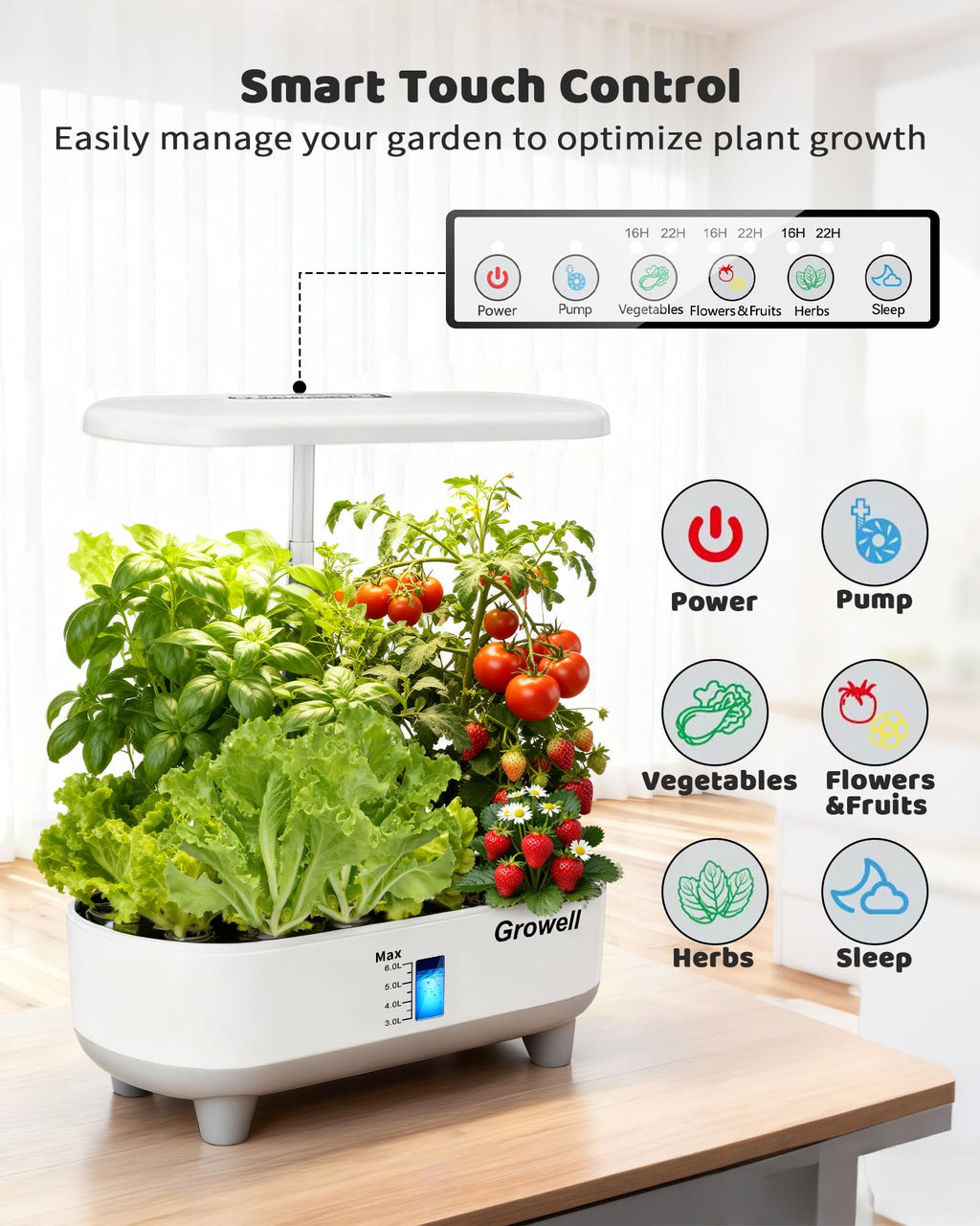 Growell 16 Pods Hydroponics Growing System Kit with 3 Light Modes & 2 Timer | Smart Water Circulation, LED Grow Light, 8L Large Water Tank, Coutertop, Indoor Herb Garden, Perfect Gardening Gifts, Black