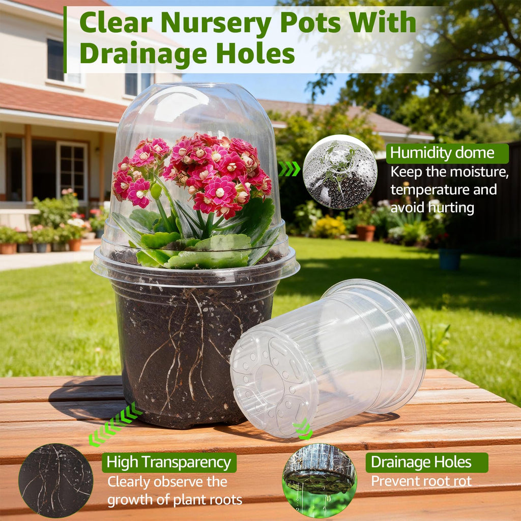 MIXC Plant Nursery Pots with Humidity Dome 4" Soft Transparent Plastic Gardening Pot Planting Containers Cups Planter Small Starter Seed Starting Trays for Seedling with 10pcs Plant Labels，30 Sets