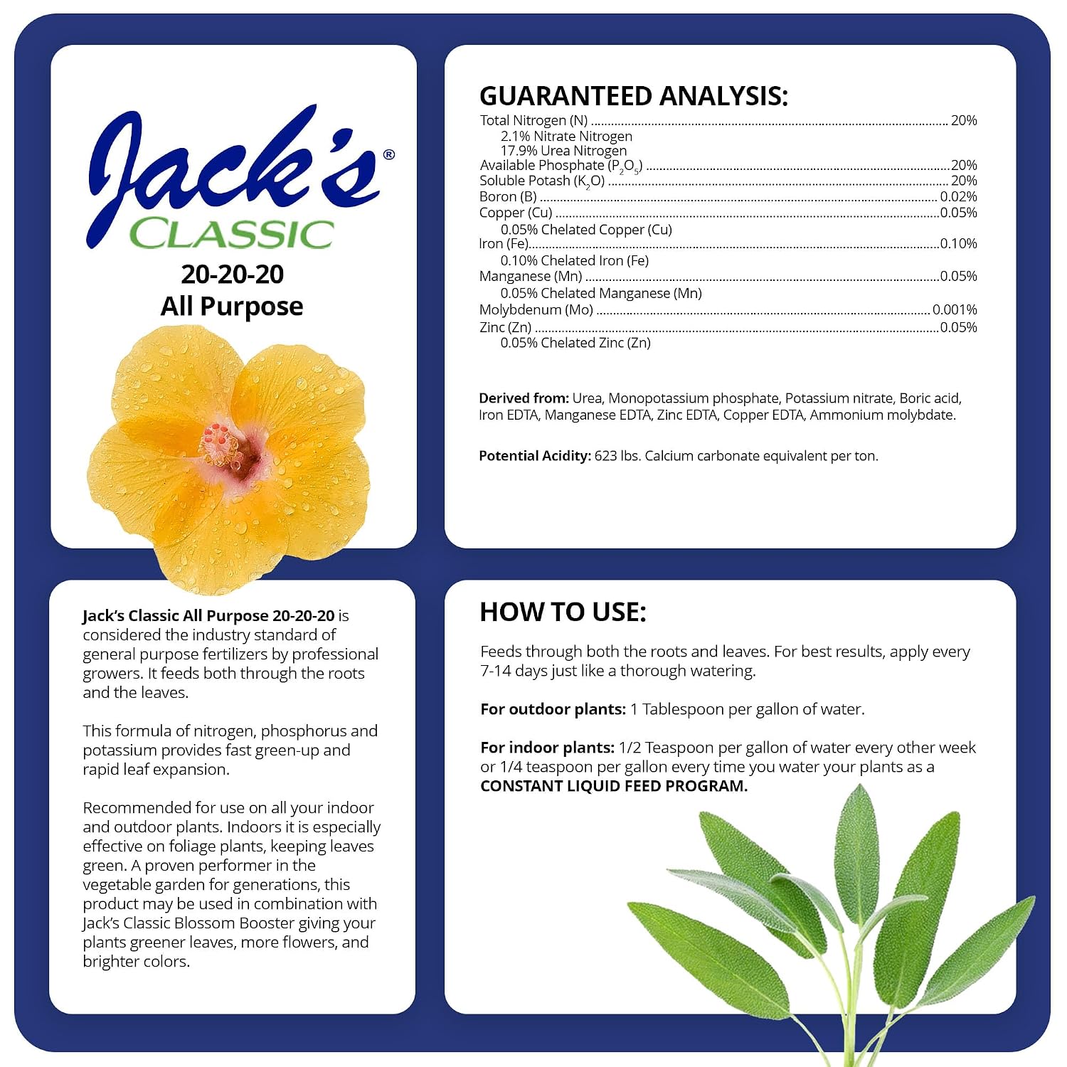 Jack's Classic All Purpose 20-20-20 Water Soluble Plant Food (1.5lbs) | Powdered, Targeted Micronutrient Package, Promotes Growth, Green-Up, and Leaf Expansion on All Indoor and Outdoor Plants