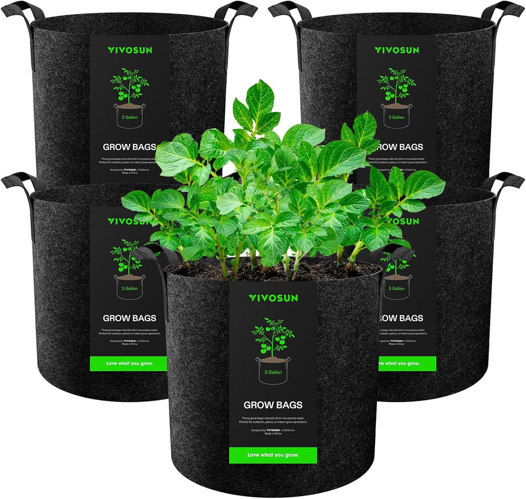 VIVOSUN 5-Pack 3 Gallon Plant Grow Bags Heavy Duty Thickened Nonwoven Fabric Pots with Handles | 300G Thickened Nonwoven Fabric, Excellent Drainage, Healthy Root Growth, BPA-Free, Reusable