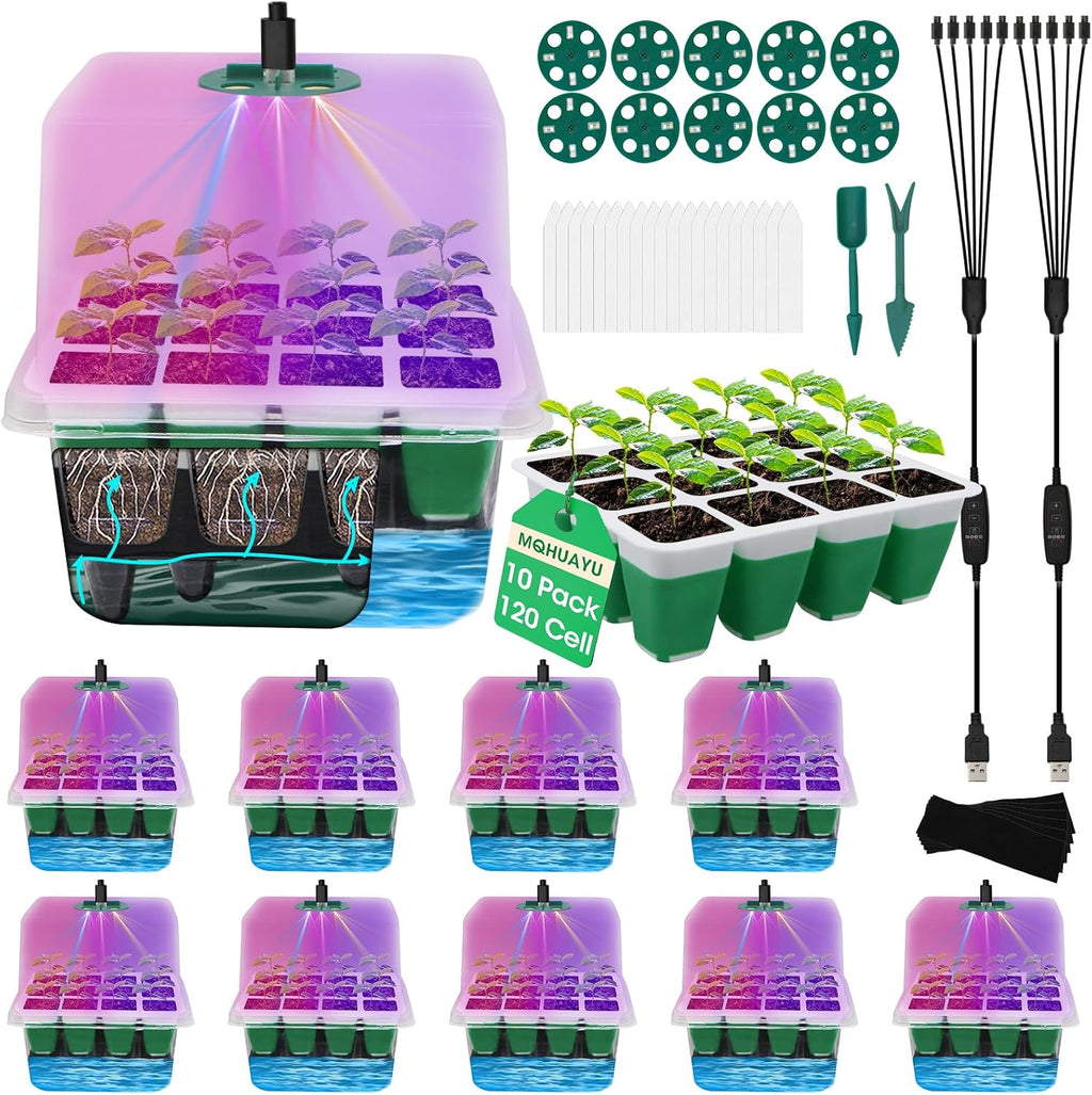 10-Pack Self Watering Seed Starter Tray with Grow Light 120Cell | Smart Timer, Humidity Dome, Ideal For Indoor Plant Germination, Seedling Growing, and Seed Starting Kit