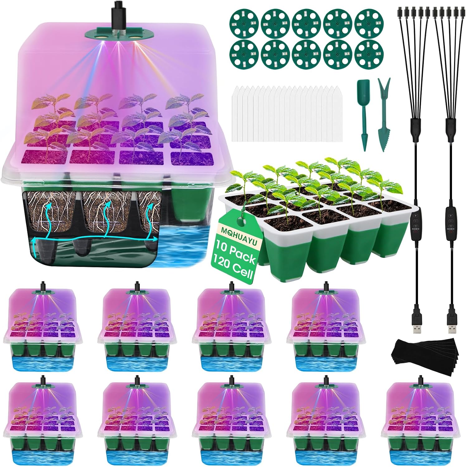 10-Pack Self Watering Seed Starter Tray with Grow Light 120Cell | Smart Timer, Humidity Dome, Ideal For Indoor Plant Germination, Seedling Growing, and Seed Starting Kit