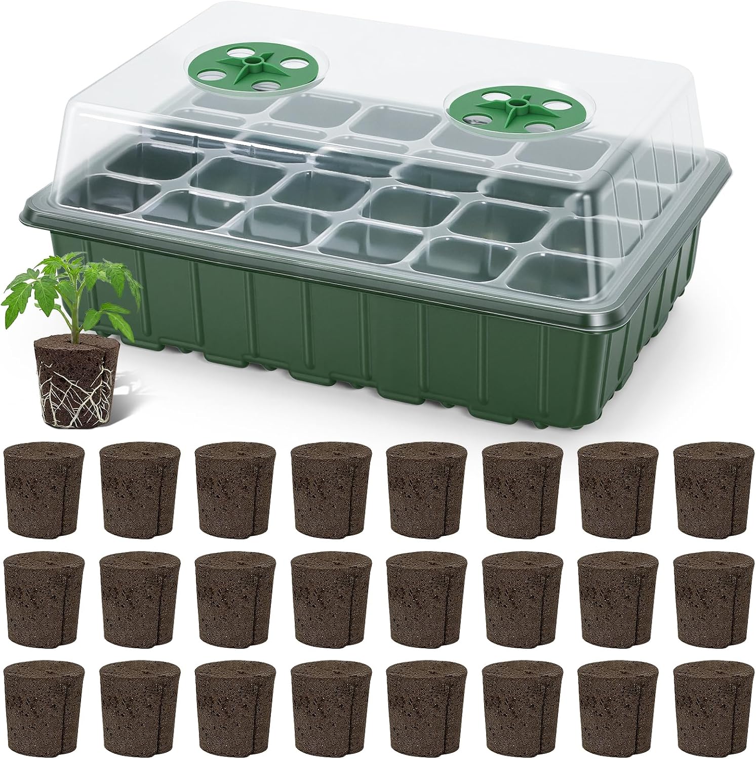 Grow Sponges with Tray, 24 Pack Seed Starter Pods & Starter Plugs for Cuttings, Hydroponic Grow Sponges for Seed Starting, Plant Plugs for Herbs Vegetables Flowers, Easy Transplant Rooter Pods