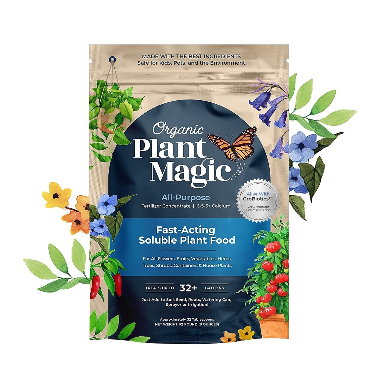 Organic Plant Magic Fertilizer & Plant Food for House Plants & Garden 1/2lb | Makes 32+ Gal of Organic Water Soluble Fertilizer for Plant Growth use on Vegetables, Flowers, Gardens & Indoor House Plants