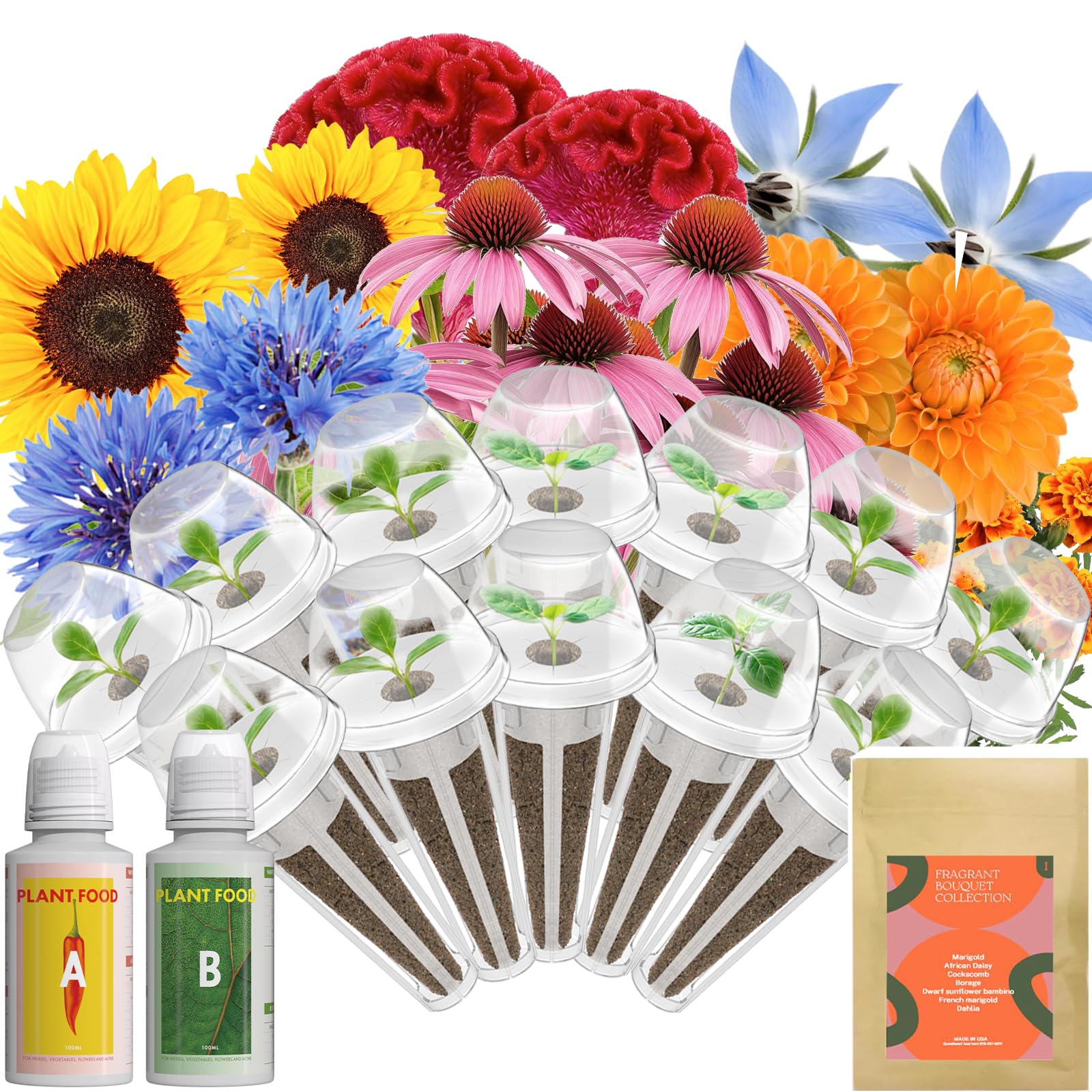 Inbloom Fragrant Bouquet Flower 7 Pods Seed Pod Kit for AeroGarden, iDoo, Ahopegarden, GARDENCUBE(350+ Flower Seeds with Marigold, Daisy, Cockscomb, Borage, Dwarf Sunflower Bambino, Marigold, Dahlia)