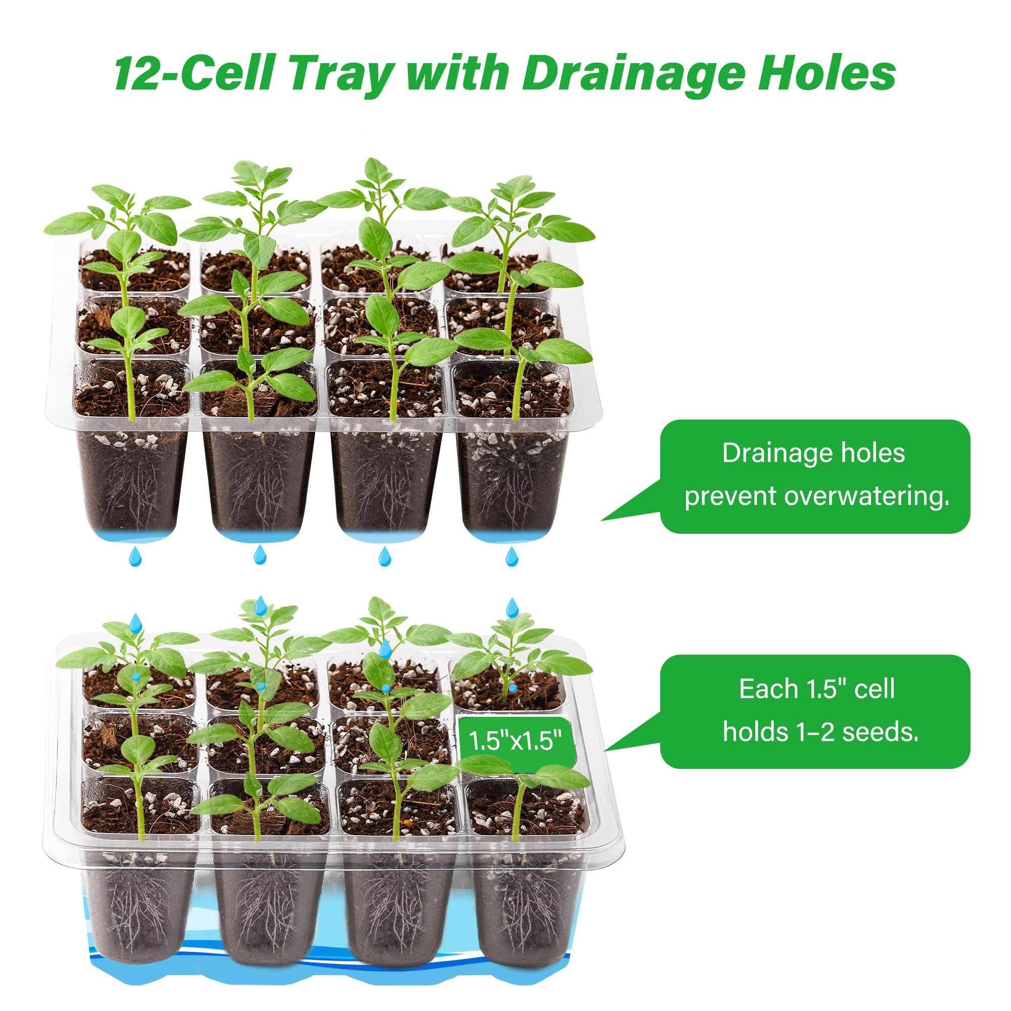 10-Pack Seed Starter Trays, Tall Dome, Base, 12-Cell Tray, Clear | 10 Seedling Kits with Tall Domes for Large Seed Starting. Adjustable Vents, Clear Trays & Heat Mat Compatibility, Indoor Use