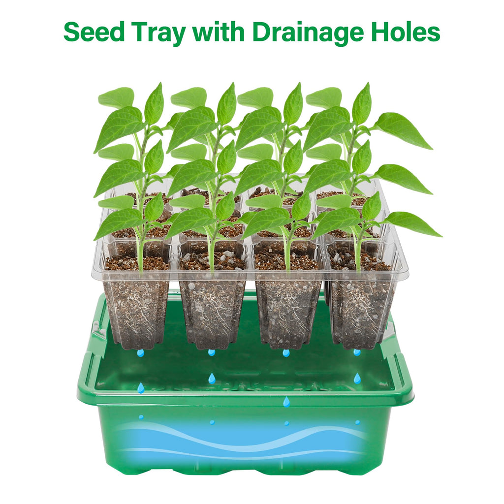 Seed Starter Trays with 12-LED Grow Lights, Clear, 5 Pack | 5 clear-base seedling kits, 60 cells, 12-LED grow light per tray, vented humidity domes, drainage holes, 1-to-5 USB cable