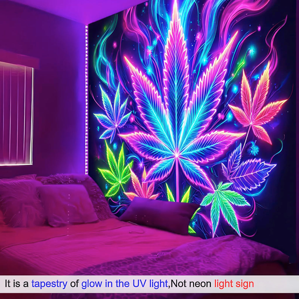 BlissYard Blacklight Tapestry Cannabis Leaf Bedroom Decor 78 x 59 Inch | Cannabis Leaf UV Wall Hanging Smoking Neon Backdrop for Bedroom Party Dorm Style