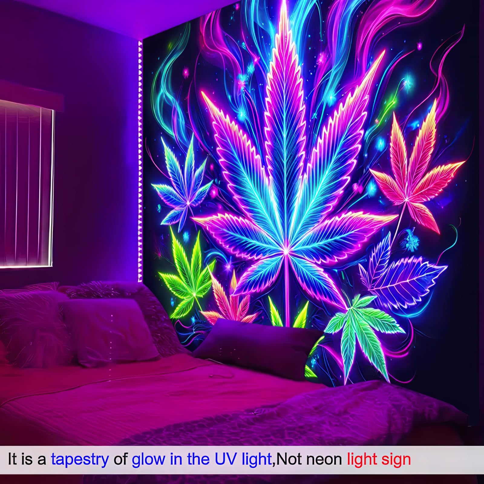BlissYard Blacklight Tapestry Cannabis Leaf Bedroom Decor 78 x 59 Inch | Cannabis Leaf UV Wall Hanging Smoking Neon Backdrop for Bedroom Party Dorm Style