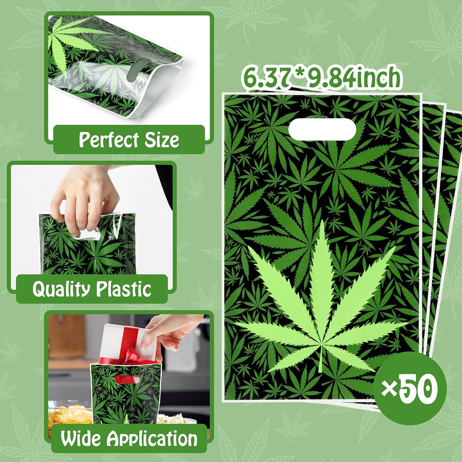 Selorin 50Pcs Weed Party Favor Bags Green Pot Leaves Smoking Marijuana Plastic Goodie Treat Bags with Handles Happy 420 Cannabis Have a Dope Candy Gift Bag Birthday Party Supplies for Adult Stoner