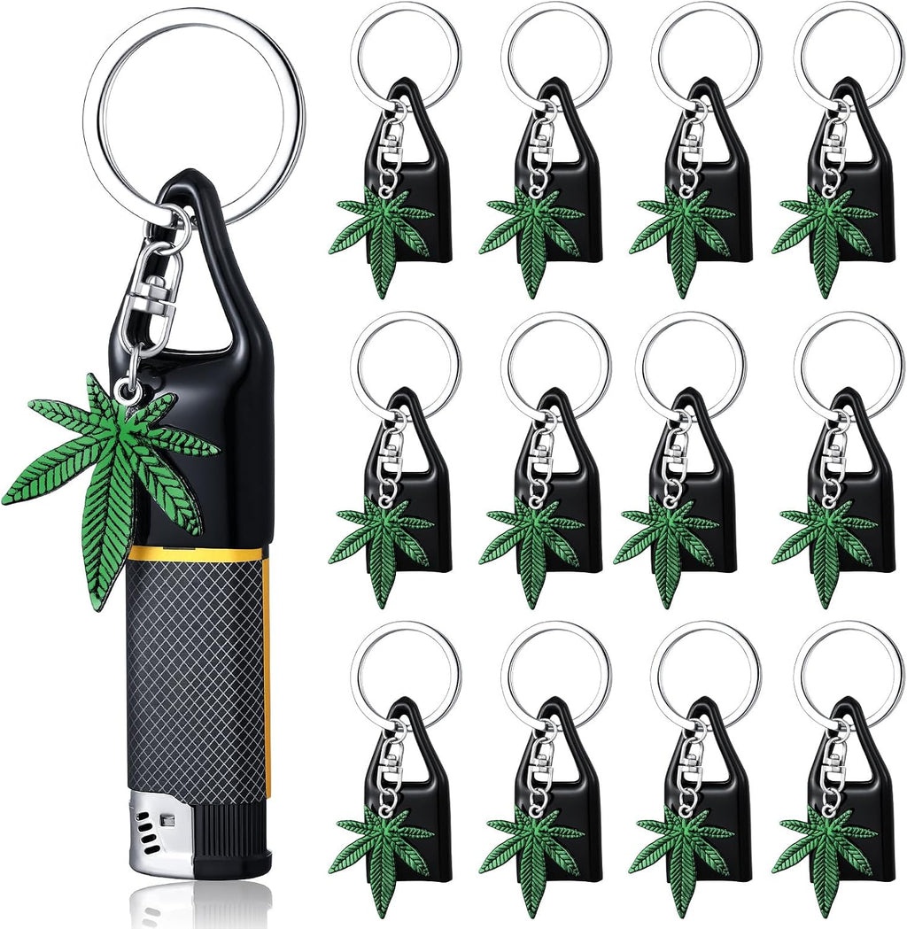 Cinnvoice 12 Pcs 420 Weed Gift Weed Keychain with Lighter Holder Leaf Keyring with Lighter Clip Cover for 420 Party Favors Jamaica Favors for Adults Party Accessories
