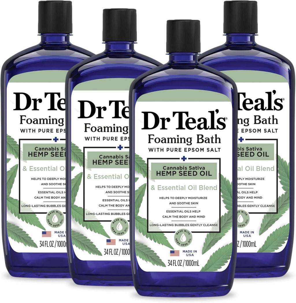 Dr Teal's Foaming Bath with Pure Epsom Salt, Cannabis Sativa Hemp Seed Oil, 34 fl oz (Pack of 4)