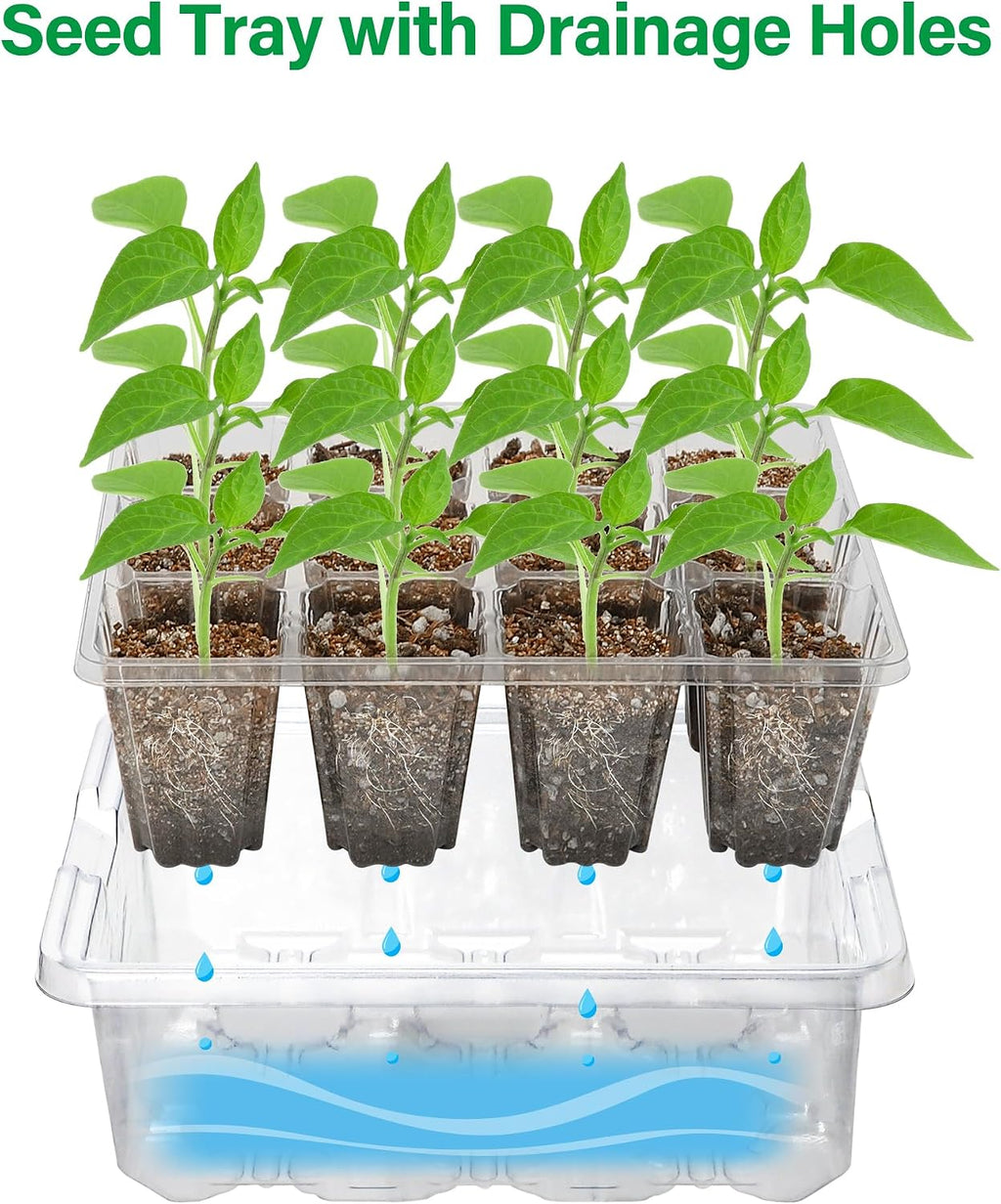 Seed Starter Trays with 12-LED Grow Lights, Clear, 5 Pack | 5 clear-base seedling kits, 60 cells, 12-LED grow light per tray, vented humidity domes, drainage holes, 1-to-5 USB cable