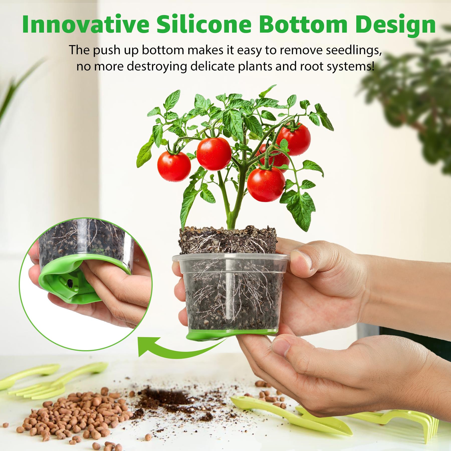 MIXC Clear Nursery Pots with Silicone Base, 4-Inch, 30-Pack | Sturdy Construction, Flexible Base, Drainage Holes, Root and Soil Visibility, Reusable, Seed Starting, Propagation, Green