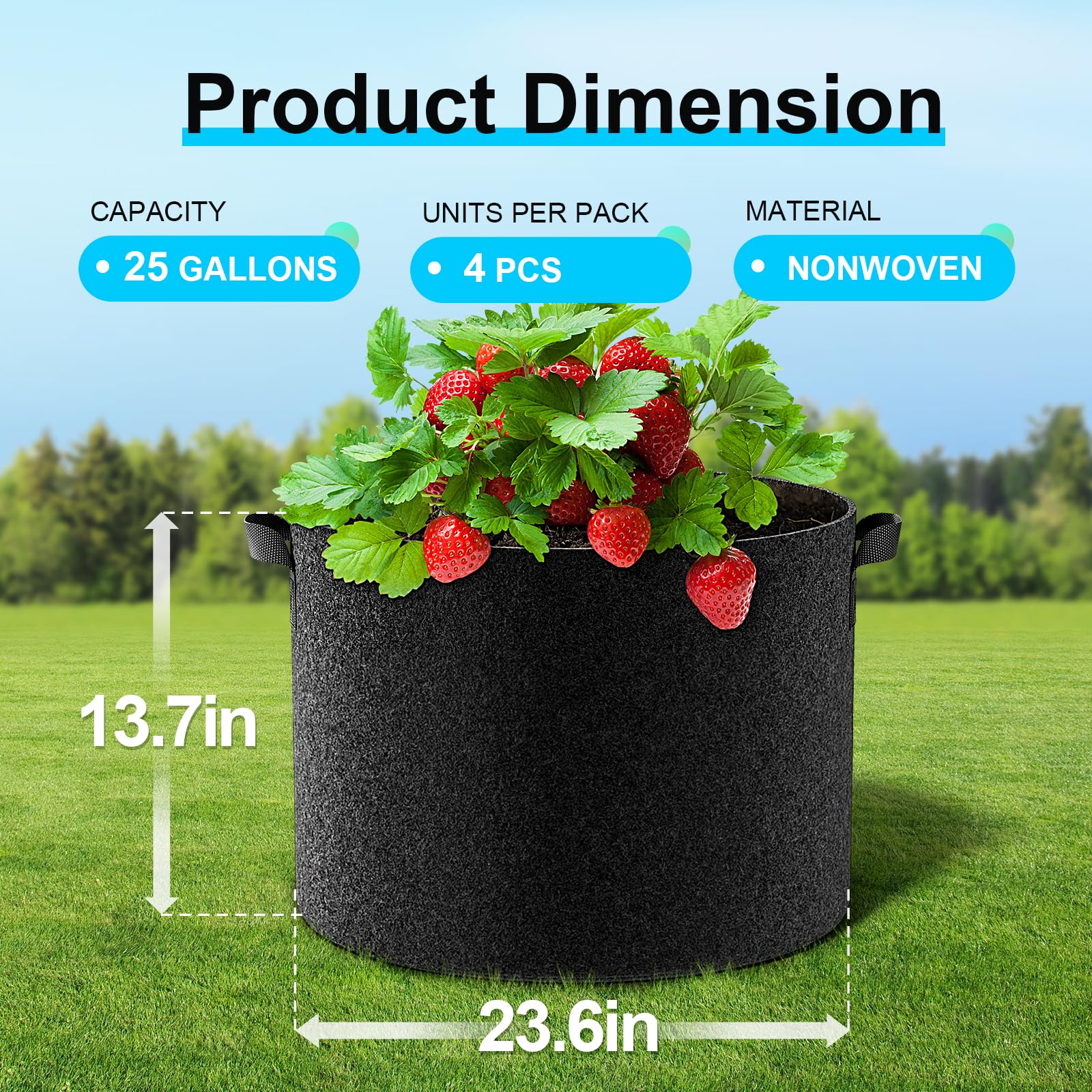 Land Guard 4-Pack Fabric Grow Bags 5 Gallon, Thickened Nonwoven Garden Pots, Growing Bags with Handles, Black
