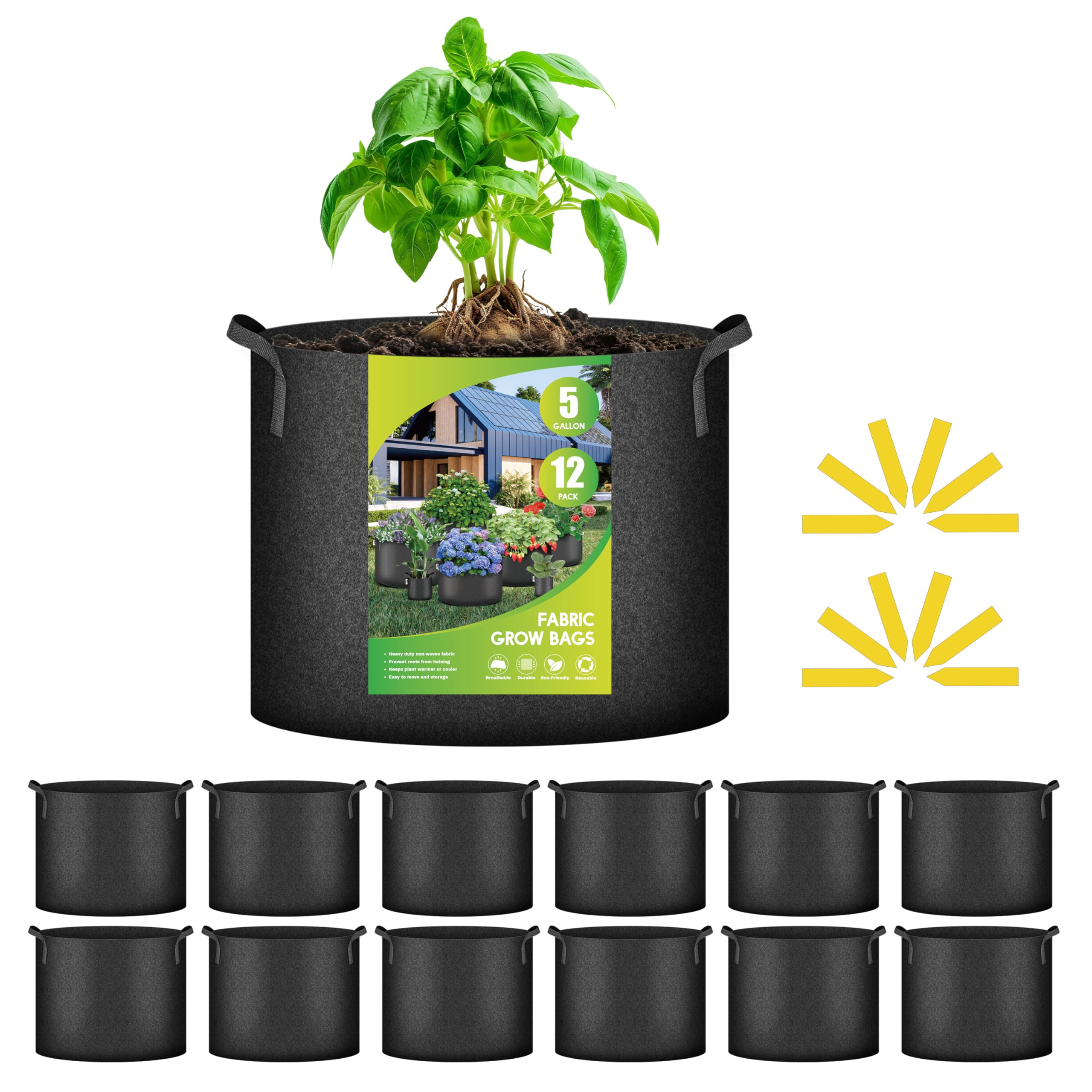 iPower 24-Pack 3 Gallon Grow Bags Heavy Duty Thickened Aeration Nonwoven Fabric Pots with Nylon Handles and 24 Labels for Planting Vegetables, Fruits, Flowers, Black