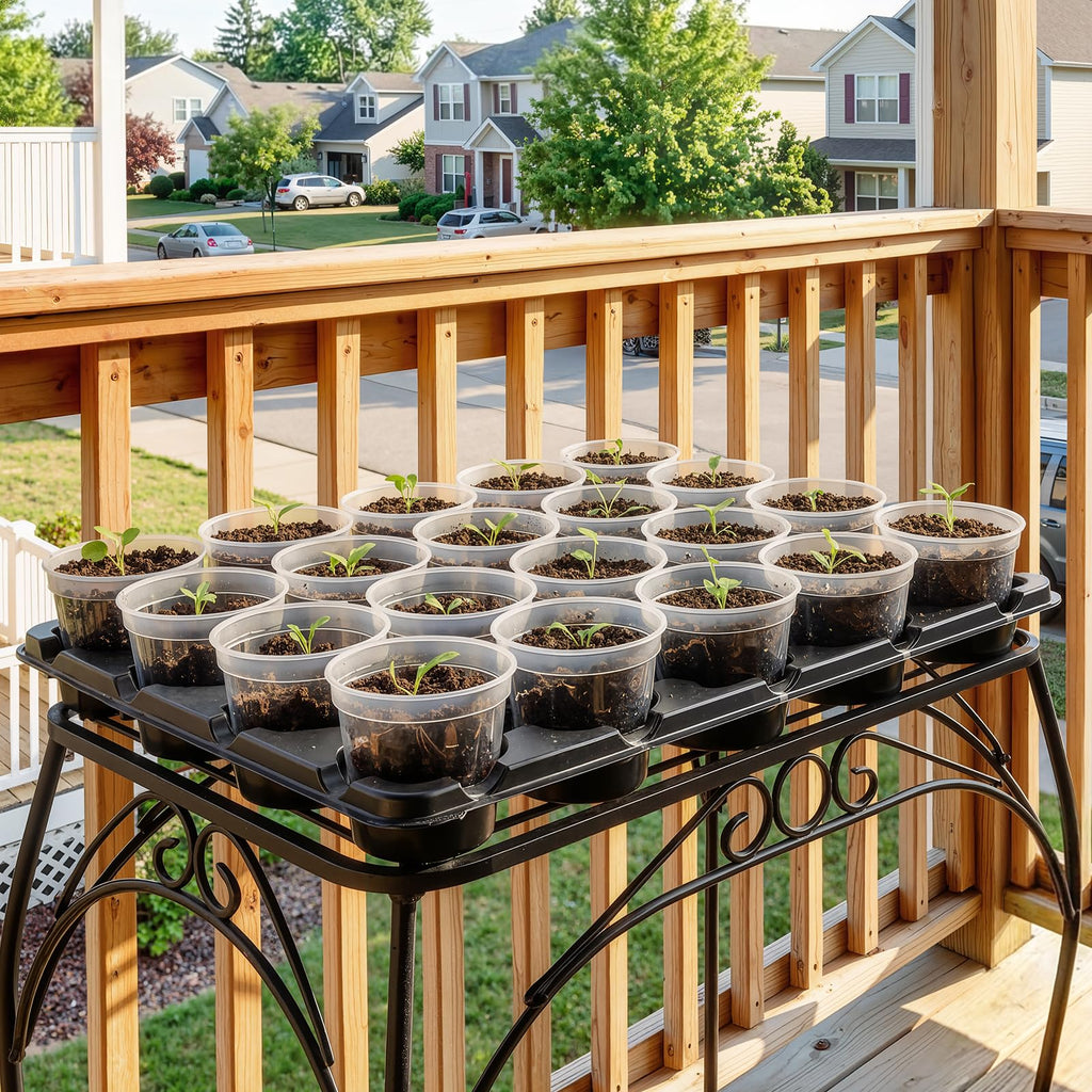 4 Pack 20 Cell Seed Starting Trays with 4 Vented Humidity Domes | Compatible with standard 3 inch nursery pots. Thick reusable trays have deep cells, raised bases and adjustable dome vents.
